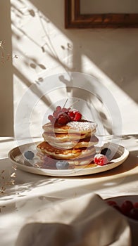 Stack of delicious pancakes with raspberries and blueberries, syrup flowing high above. Aesthetic kitchen. Generative AI