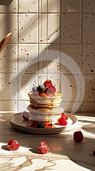 Stack of delicious pancakes with raspberries and blueberries, syrup flowing high above. Aesthetic kitchen. Generative AI