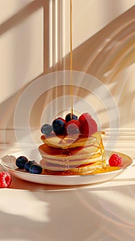 Stack of delicious pancakes with raspberries and blueberries, syrup flowing high above. Aesthetic kitchen. Generative AI