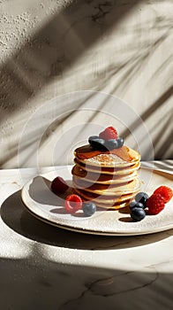 Stack of delicious pancakes with raspberries and blueberries, syrup flowing high above. Aesthetic kitchen. Generative AI