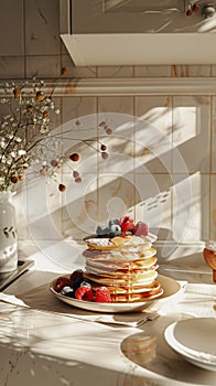 Stack of delicious pancakes with raspberries and blueberries, syrup flowing high above. Aesthetic kitchen. Generative AI