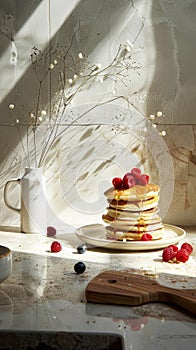 Stack of delicious pancakes with raspberries and blueberries, syrup flowing high above. Aesthetic kitchen. Generative AI