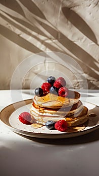 Stack of delicious pancakes with raspberries and blueberries, syrup flowing high above. Aesthetic kitchen. Generative AI