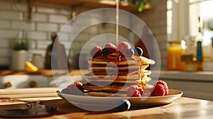 Stack of delicious pancakes with raspberries and blueberries, syrup flowing high above. Aesthetic kitchen. Generative AI