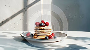 Stack of delicious pancakes with raspberries and blueberries, syrup flowing high above. Aesthetic kitchen. Generative AI