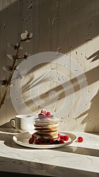 Stack of delicious pancakes with raspberries and blueberries, syrup flowing high above. Aesthetic kitchen. Generative AI