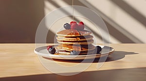 Stack of delicious pancakes with raspberries and blueberries, syrup flowing high above. Aesthetic kitchen. Generative AI