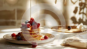 Stack of delicious pancakes with raspberries and blueberries, syrup flowing high above. Aesthetic kitchen. Generative AI