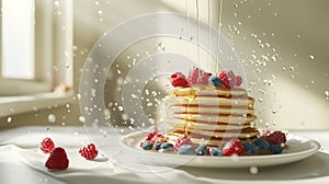 Stack of delicious pancakes with raspberries and blueberries, syrup flowing high above. Aesthetic kitchen. Generative AI