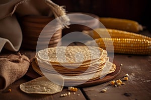 A stack of delicious tortillas on a wooden table and corn. Traditional pastries. AI generated