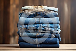 Stack Of Denim Jeans In Various Shades And Sizes. Generative AI