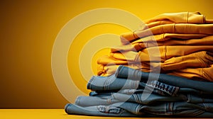 Stack of different blue and yellow jeans on the table. Yellow background. Fashion and retail concept. Copy space.