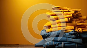 Stack of different blue and yellow jeans on the table. Yellow background. Fashion and retail concept. Copy space.