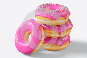 Stack of different chocolate glazed donut with sprinkles on a white background