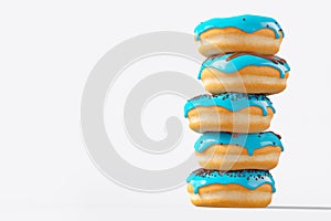 Stack of different chocolate glazed donut with sprinkles on a white background