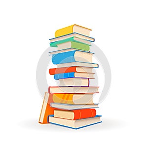 Stack of different colorful books on white