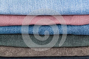 Stack of different denims close up