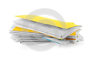 Stack of different files with documents on white background