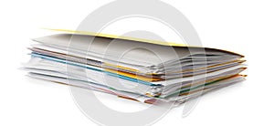 Stack of different files with documents on white background