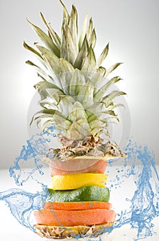 Stack of different fruit slices splashed by water, concept for health care,withered pepper (shrivel), dry pineapple top