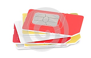Stack of different SIM cards on white background