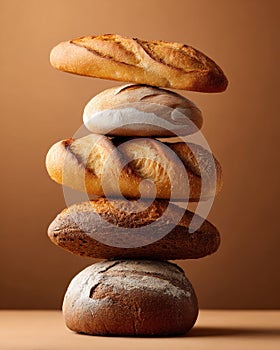 A stack of different types of bread on top of each other