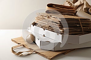 Stack of different waste paper on beige background, closeup