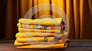 Stack of different yellow jeans and pants on wooden table. Yellow drapery background. Fashion and retail concept. Copy
