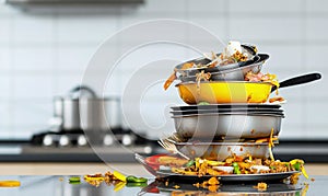Stack of Dirty Dishes with Leftover Food in a Kitchen
