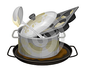 Stack of Dirty Dishes and Utensils with Ladle and Saucepan Vector Illustration