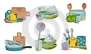 Stack of Dirty Kitchen Utensil and Dinnerware with Plates and Spoons Vector Set