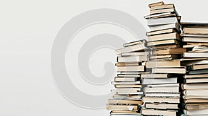 A stack of disorganized books piled high on a white background