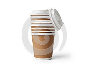 Stack of disposable coffee cups isolated on white background