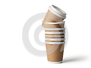 Stack of disposable coffee cups isolated on white background