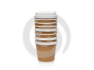 Stack of disposable coffee cups isolated on white background