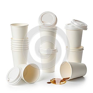 Stack of disposable coffee cups isolated on white background
