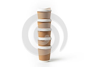 Stack of disposable coffee cups isolated on white background