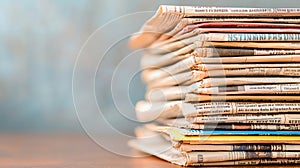 A stack of diverse vintage newspapers overlapping each displaying different headlines and imagery evoking a sense of history