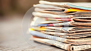 A stack of diverse vintage newspapers overlapping each displaying different headlines and imagery evoking a sense of history