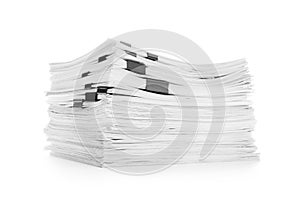 Stack of documents with black clips on white