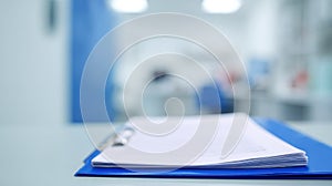 Stack Of Documents On Blue Clipboard In Office Setting. Organized Paperwork In Professional Environment