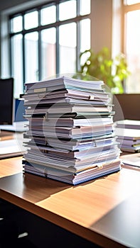Stack of documents and books piled on a wooden desk with window light
