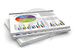 Stack of documents featuring business charts graphs and financial data analysis reports