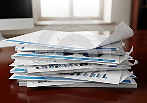 A stack of documents with graphs and charts on a polished