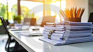 Stack of documents with pencils in a container on a white office table.