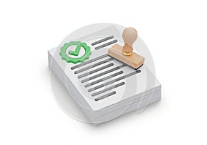 Stack of documents with stamp and checkmark icon isolated on white background