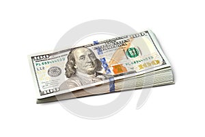 Stack of 100 dollar bills isolated on white background
