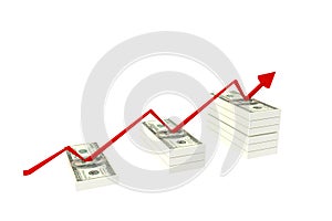 Stack of $100 dollar bills. on white background and red rising graph with upward ,3d rendering illustration,rich concept