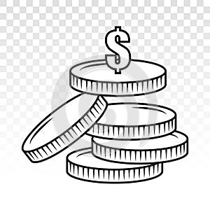 Stack of dollar coins or payment dollar bill vector flat icon on a transparent background