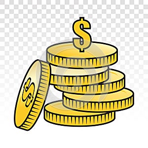 Stack of dollar coins or payment dollar bill vector flat icon on a transparent background